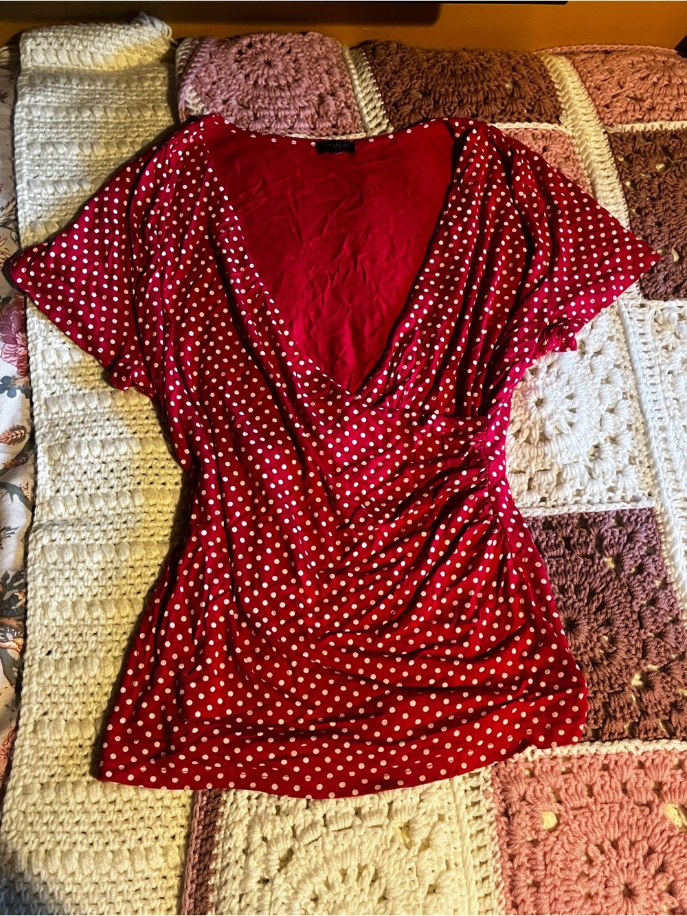 Talbots Red Wrap Polka Dot V-Neck Short Sleeve Top